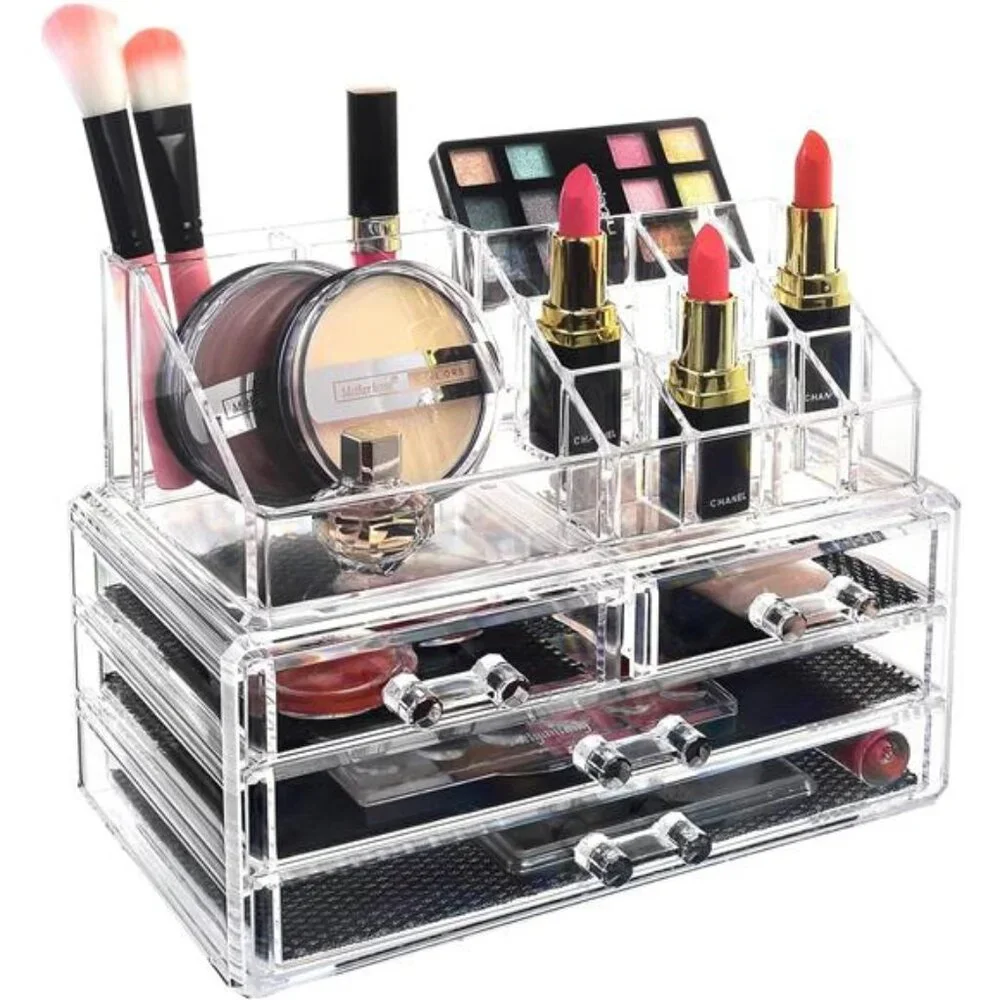 Acrylic Makeup Organizer with 4 Drawers and Removable Top Lipstick Holders